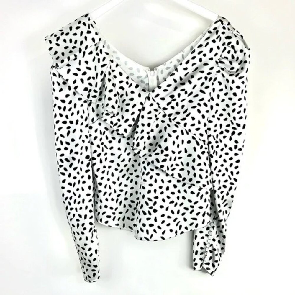 Self-Portrait SS/20 Ivory and Black Dot Satin Printed Frill Top